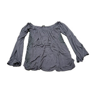Sky Womens Top Long Sleeve‎ Elastic Neck Embroidered Floral Side Gray Size S